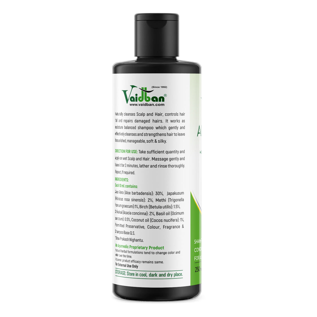 Vaidban Aloe Vera herbal shampoo 250 ml bottle, product photograph