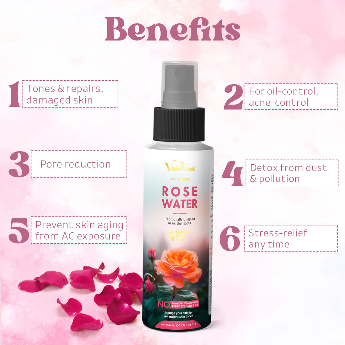 Vaidban Rose Water – Traditionally Distilled in Earthen Pots | Pure Facial & Body Mist | No Artificial Fragrance or Color | 100ml