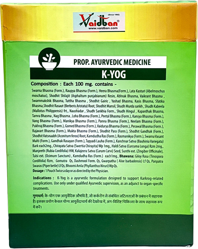 Vaidban K-Yog Ayurvedic formulation, product information panel