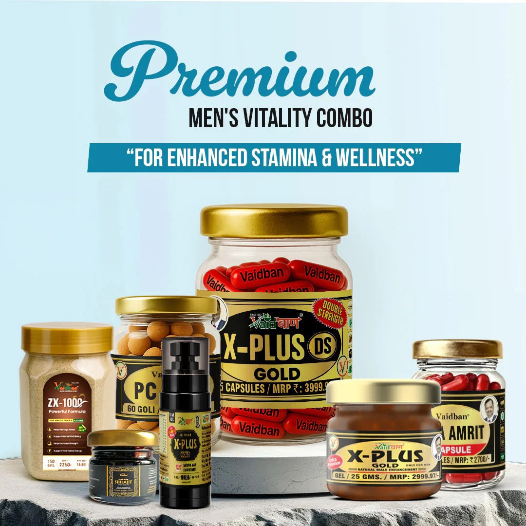 Vaidban premium men's wellness combo with Ayurvedic capsules, oil and resin