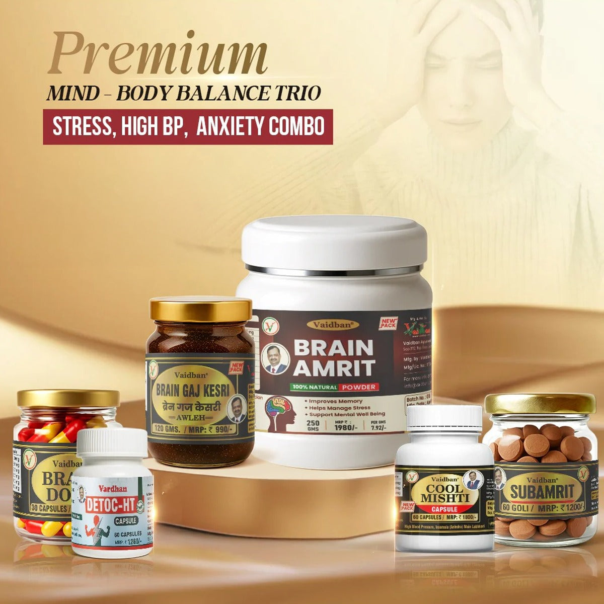 Premium Mind-Body Balance Trio - Ayurvedic Stress, High BP & Anxiety Relief Combo