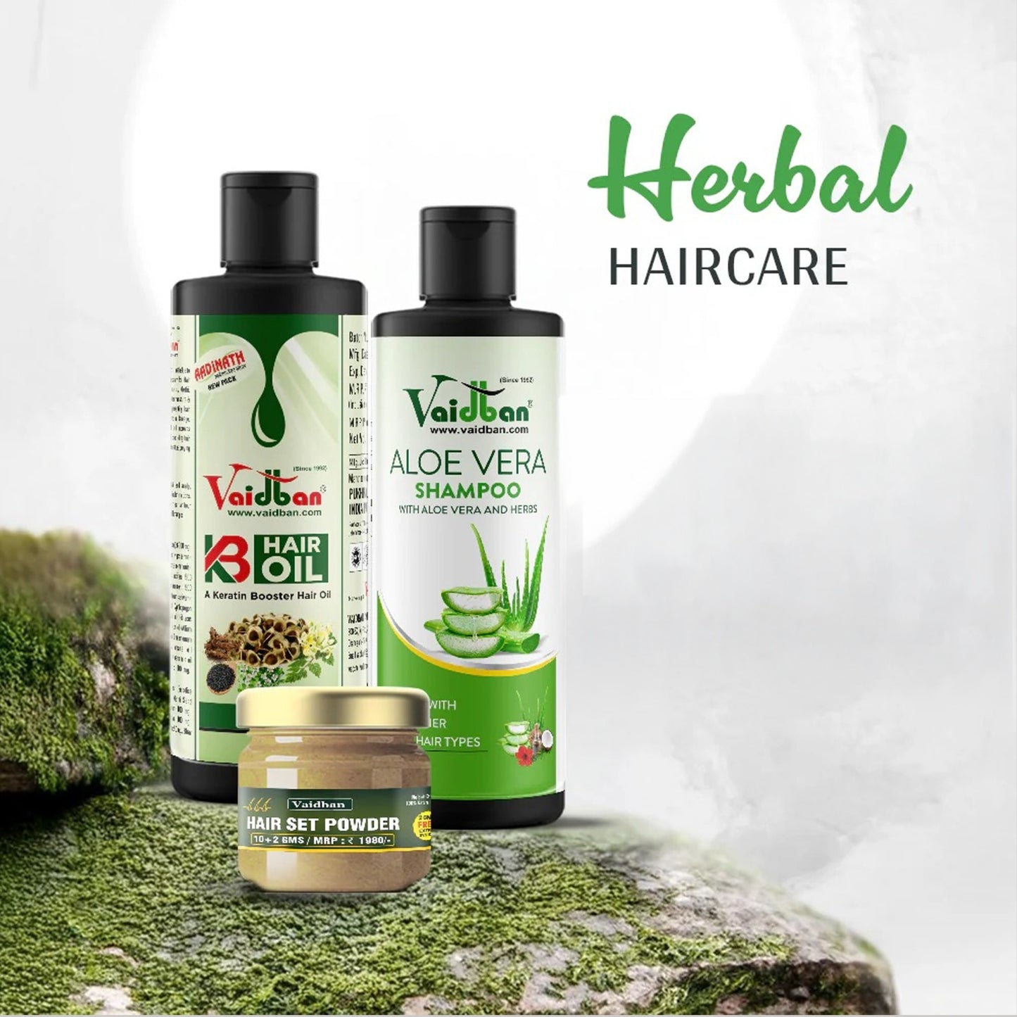 Vaidban herbal haircare combo with aloe vera shampoo, hair oil and powder