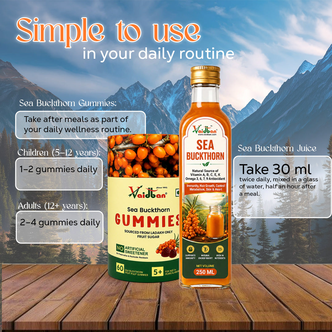 How to take Vaidban Sea Buckthorn gummies and juice, daily serving guide