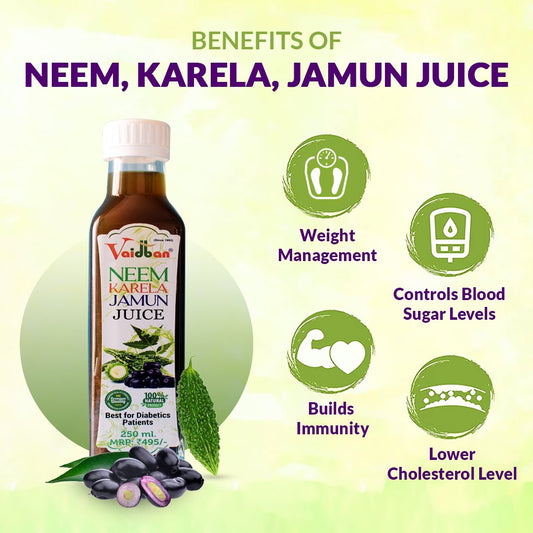 Vaidban Jamun Neem Karela Juice - 250 Ml | Promotes Healthy Glucose Levels | Good for Diabetic & Digestive Health