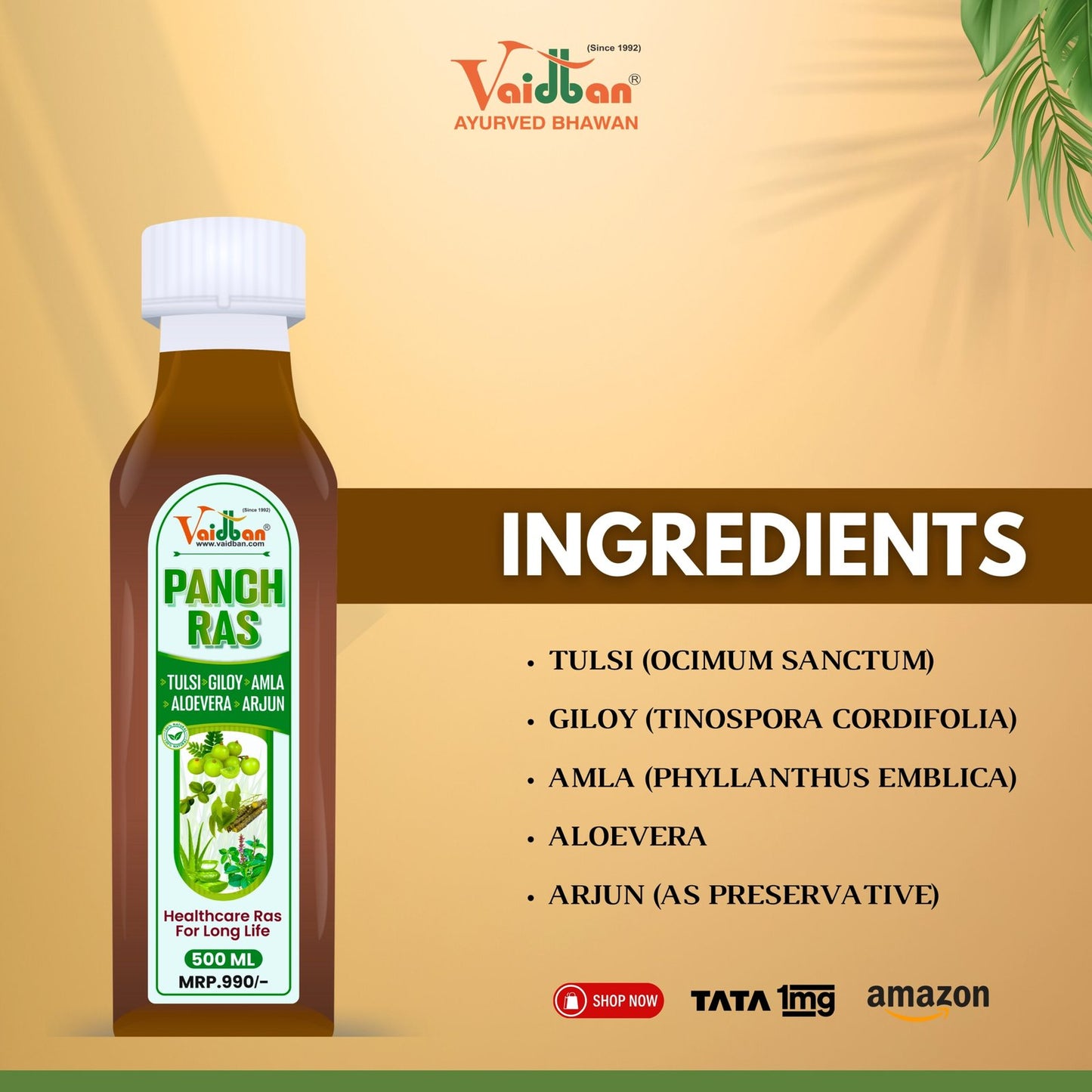 Vaidban Panch Ras 500 ml Ayurvedic digestive tonic with Tulsi and Amla, back label