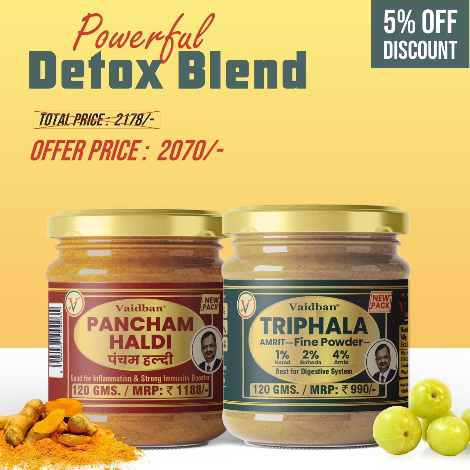 Vaidban Pancham Haldi & Triphala Powder – Detox Combo for Healthy Living