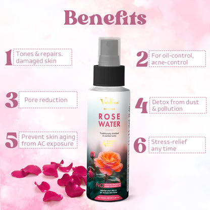 Vaidban Rose Water – Traditionally Distilled in Earthen Pots | Pure Facial & Body Mist | No Artificial Fragrance or Color | 100ml