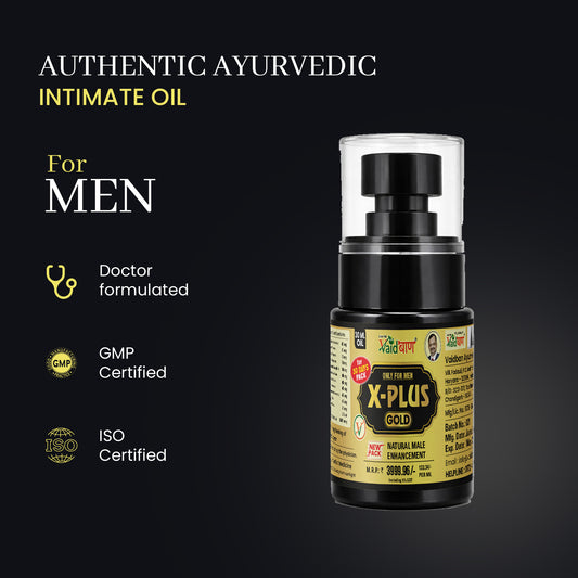 Vaidban X Plus Gold Ayurvedic massage oil for men, front of pack