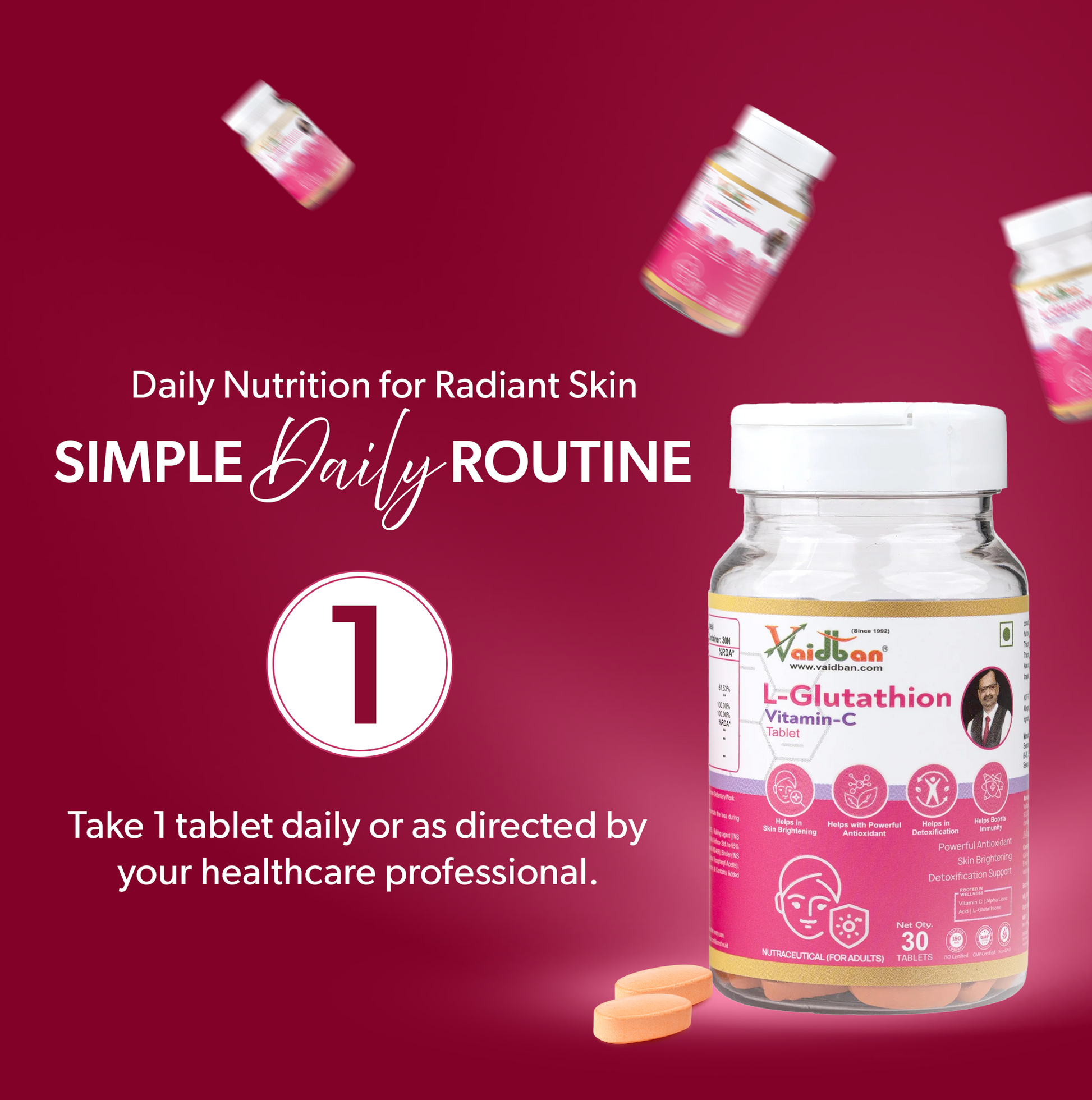 Vaidban L-Glutathion Vitamin-C Tablet β Skin Brightening, Antioxidant & Detox Support