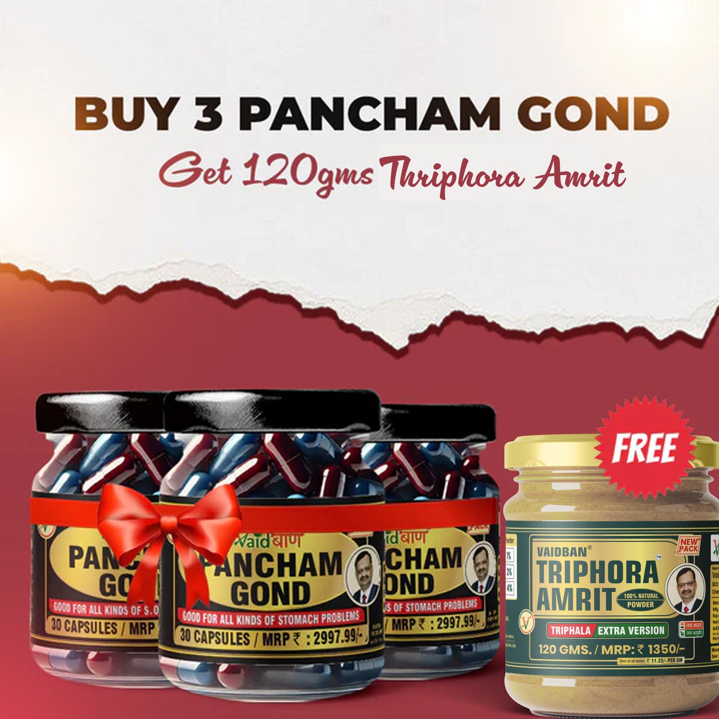 Vaidban Pancham Gond Combo – 3x Capsules + Free Triphora Amrit (Extra Version)  : Stomach Relief & Detox