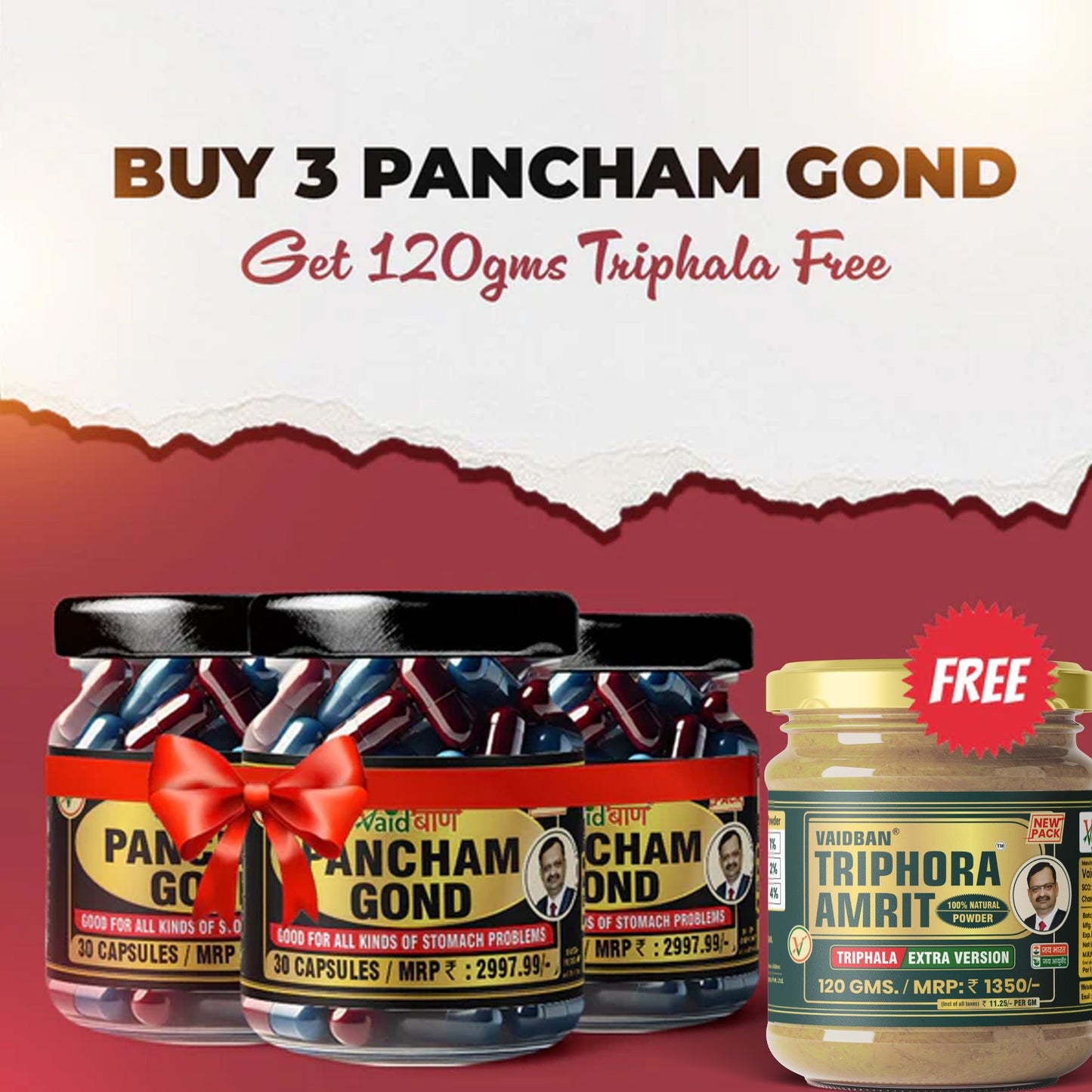 Vaidban Pancham Gond Combo – 3x Capsules + Free Triphala : Stomach Relief & Detox