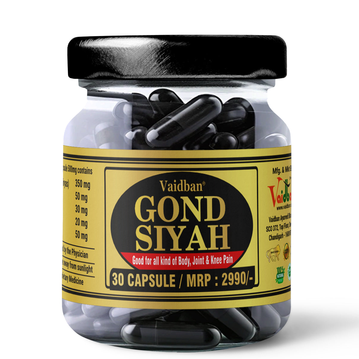 Vaidban Gond Siyah Capsule 500 mg – Kala Gond – Black Gum – For Joint Pain