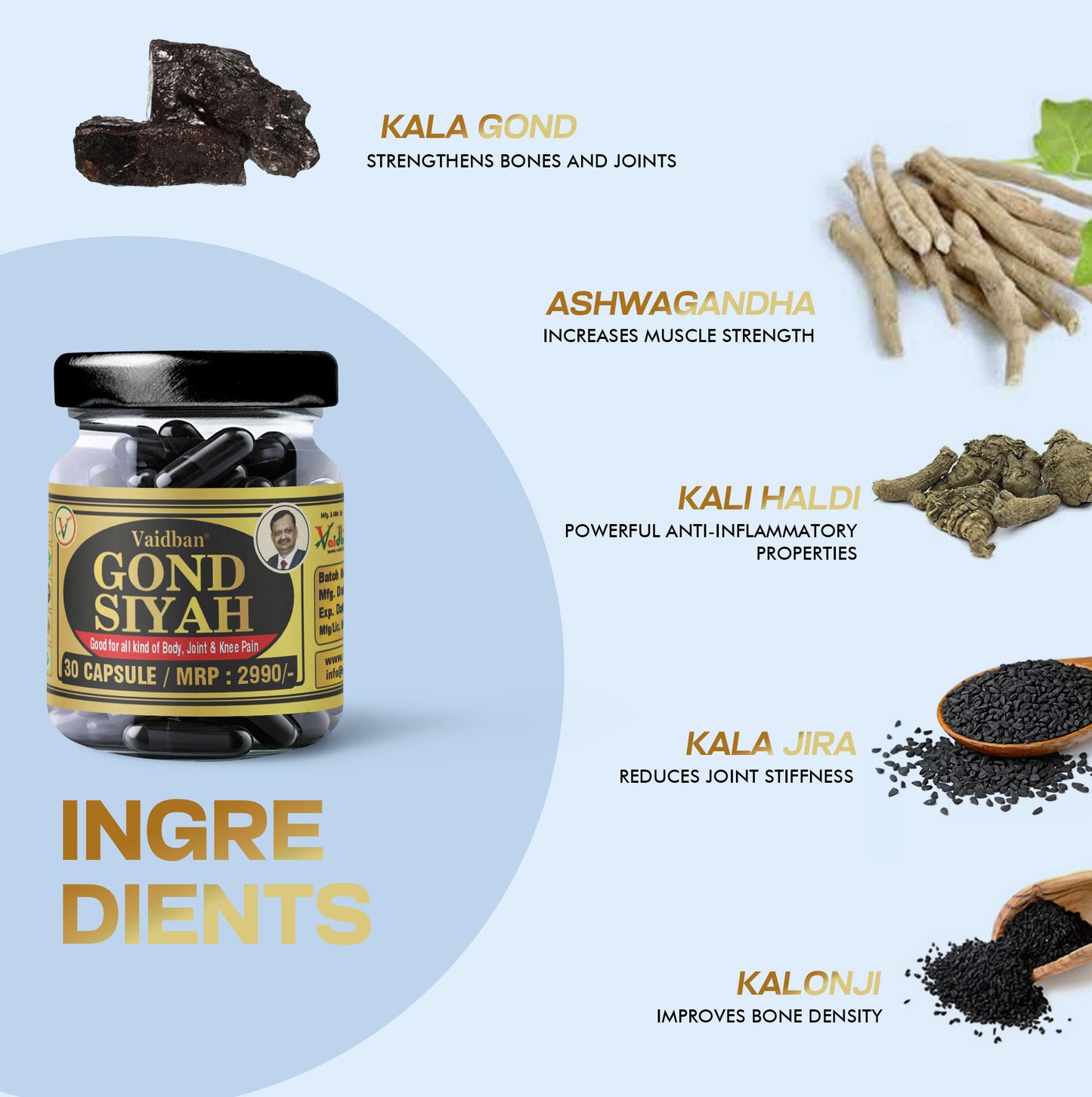 Vaidban Gond Siyah Capsule 500 mg – Kala Gond – Black Gum – For Joint Pain