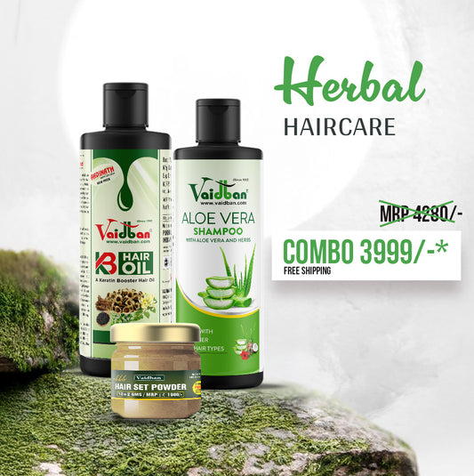 Vaidban Herbal Haircare Holi Combo – Protect & Nourish Your Hair with Aloe Vera Shampoo, Keratin Booster Hair Oil & Hair Set Powder | Special Holi Offer