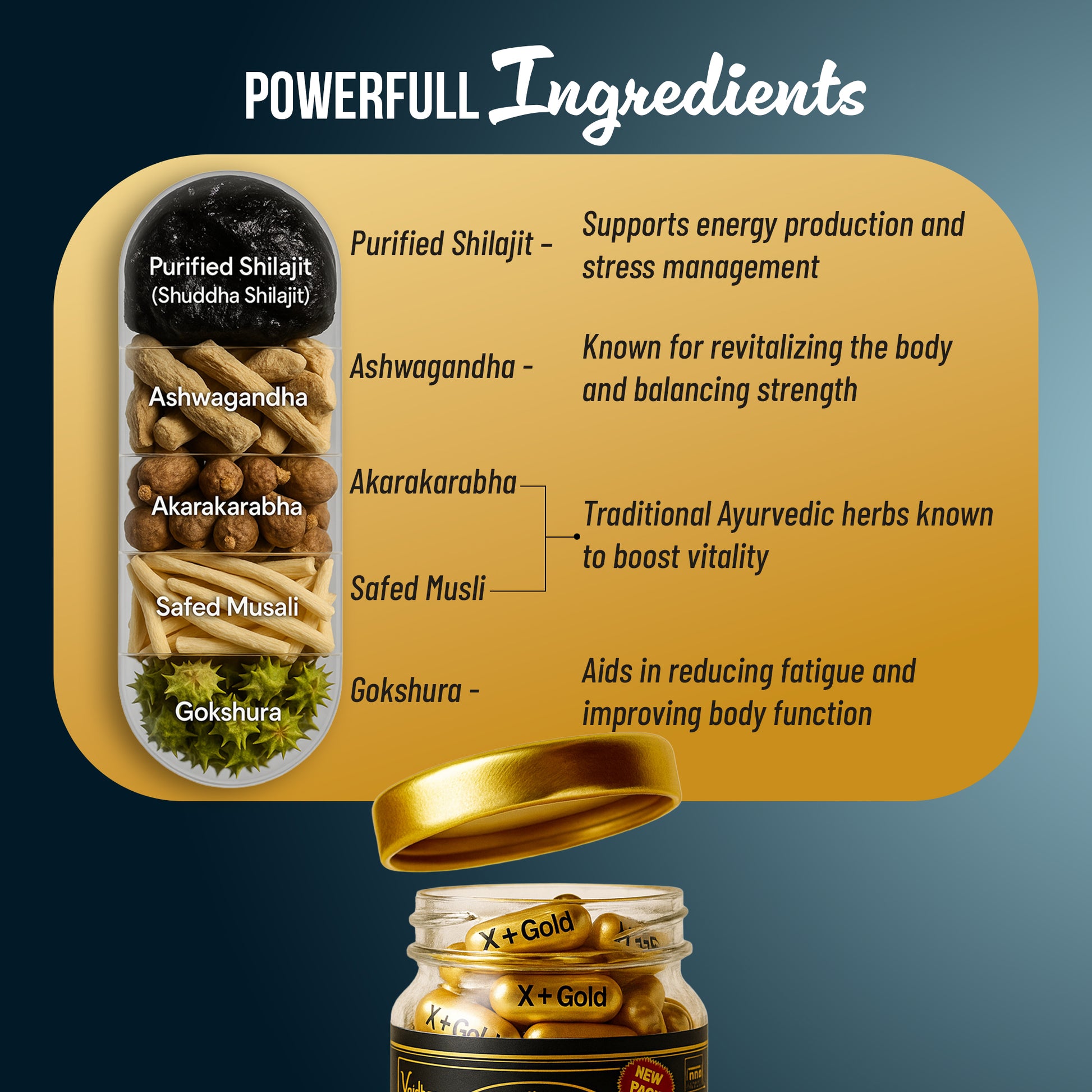 Vaidban X Plus Gold capsules ingredients, Ayurvedic herbal blend