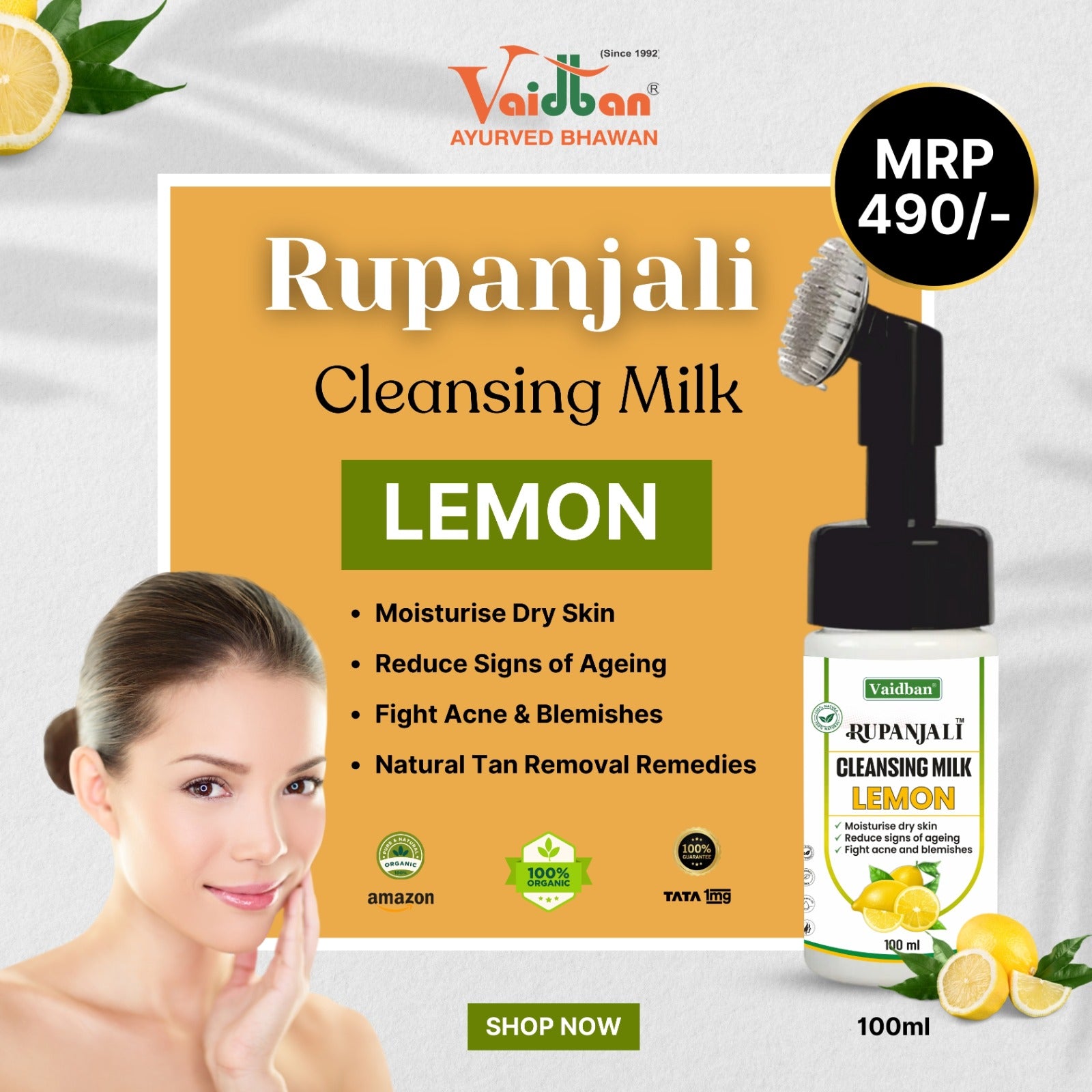 Vaidban Rupanjali Lemon Cleansing Milk - 100ml | Hydrating, Age-Defying, Acne-Battling, Natural Tan Removal
