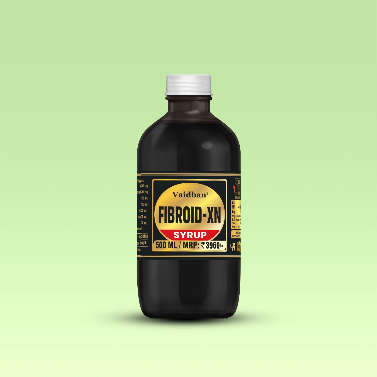 
                
                  Vaidban Fibroid-XN Ayurvedic herbal syrup 500 ml bottle, front of pack
                
              