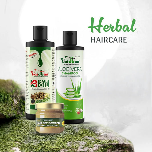 Vaidban Herbal Haircare Holi Combo – Protect & Nourish Your Hair with Aloe Vera Shampoo, Keratin Booster Hair Oil & Hair Set Powder | Special Holi Offer