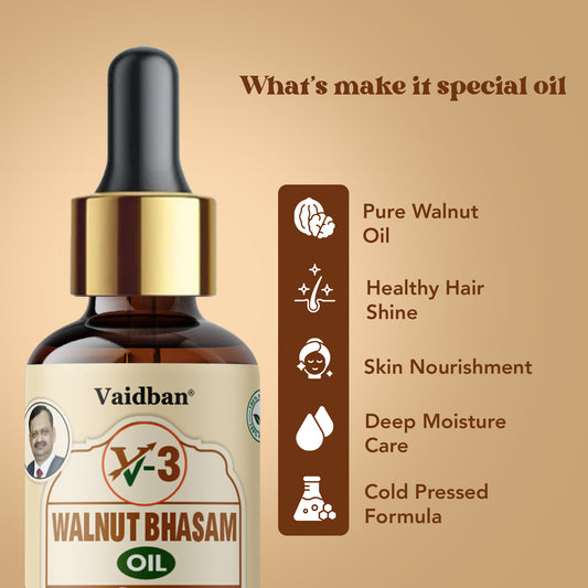 Vaidban V-3 Walnut Bhasam Oil 30 ml - 100% Pure Cold Pressed Walnut Oil for Hair and Skin