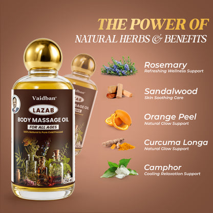 Vaidban Lazab Body Massage Oil 250ml - 100% Natural Cold Pressed Ayurvedic Oil for All Ages