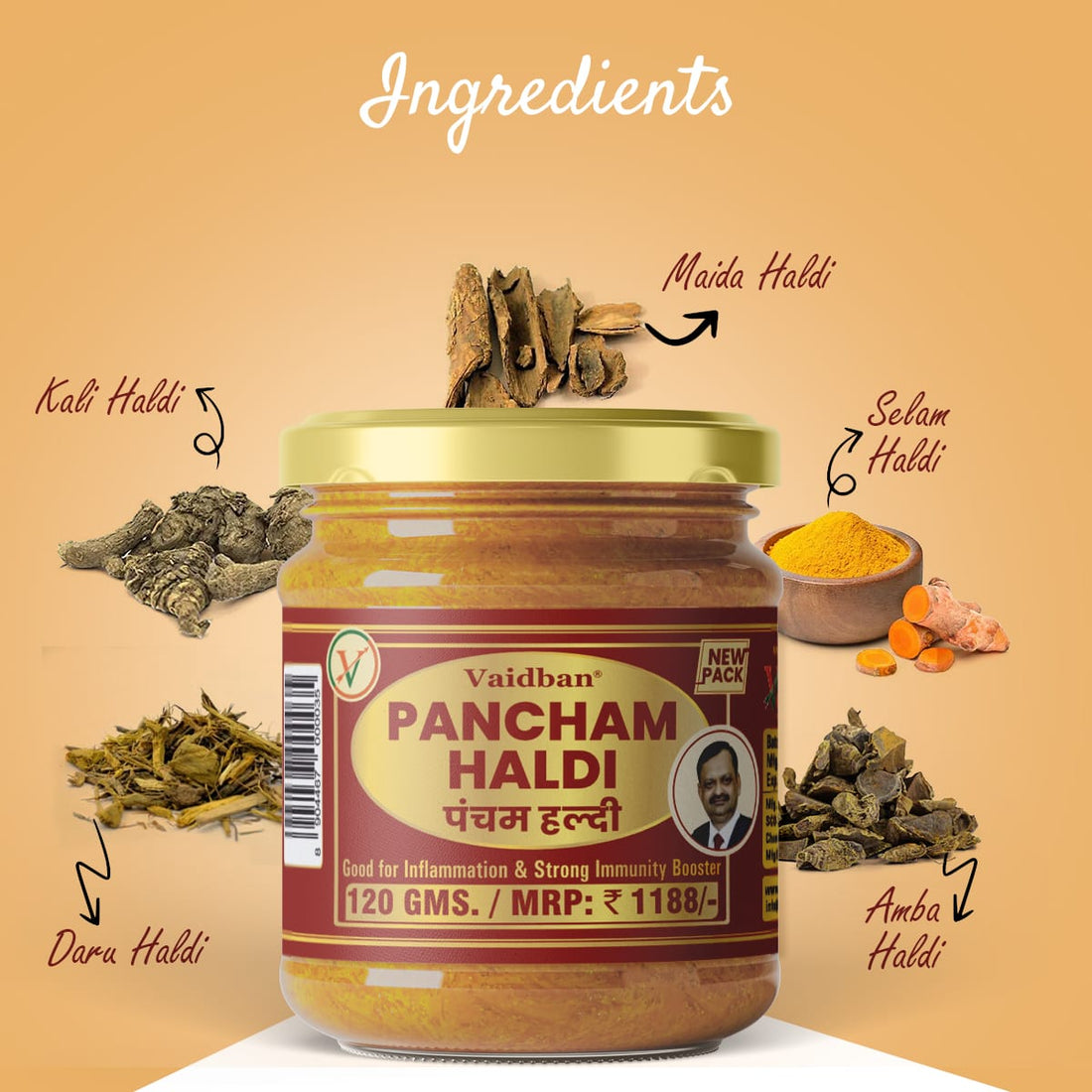Vaidban Pancham Haldi Powder - Joint, Heart, Brain Support, Cardiovascular, Liver Detox, Mood and Memory Support Supplement