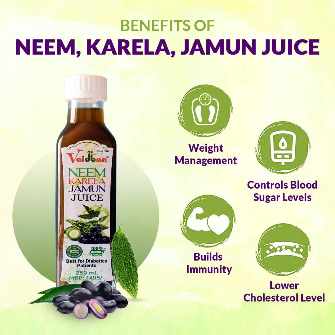 Vaidban Jamun Neem Karela Juice - 250 Ml | Promotes Healthy Glucose Levels | Good for Diabetic & Digestive Health